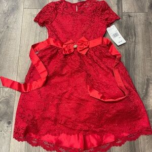 RARE EDITIONS Girls Glitter Lace Holiday Dress Girls, Color Red